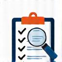 Icon of a checklist and a magnifying glass.